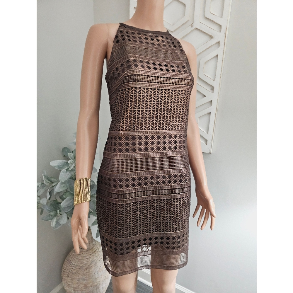 WHITE HOUSE BLACK MARKET  Brown Chocolate Copper Metallic Laser Cut Dress